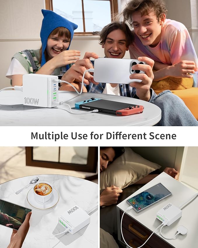 USB C Charger Block Charging Station: 100W 6 Port GaN Fast Charging Brick Hub Cube Box - PD 3.0 Type C & USB A Wall Charger Power Adapter for All iPhone 17 iPad Samsung Android Pixel Series
