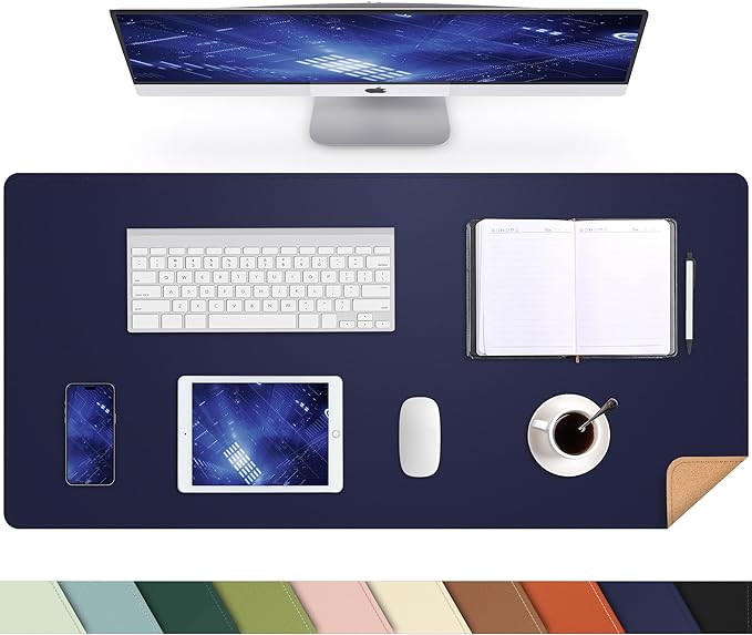 Leather Desk pad Protector, Large Desk mat with Natural Cork & PU Leather,Mouse pad,Non-Slip Office Desk Mat,Waterproof Desk Writing Pad for Office and Home (35in*17in, Blue)