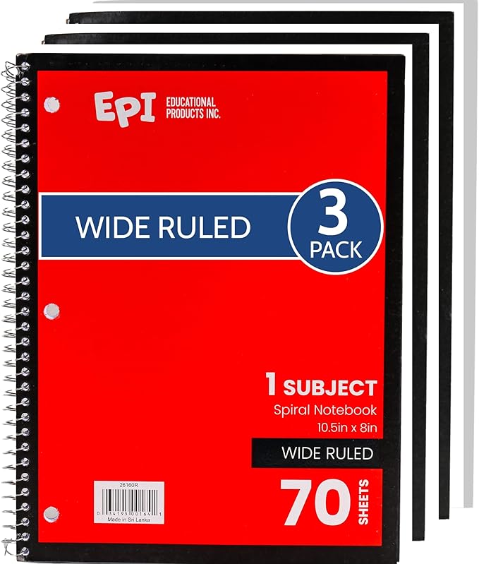 EPI Spiral Notebook | Wide - 70 Sheets, Durable Spiral Binding | 10.5 x 8 in | Classroom Supplies | School, Office, Note Taking, Journaling - 3 Pack