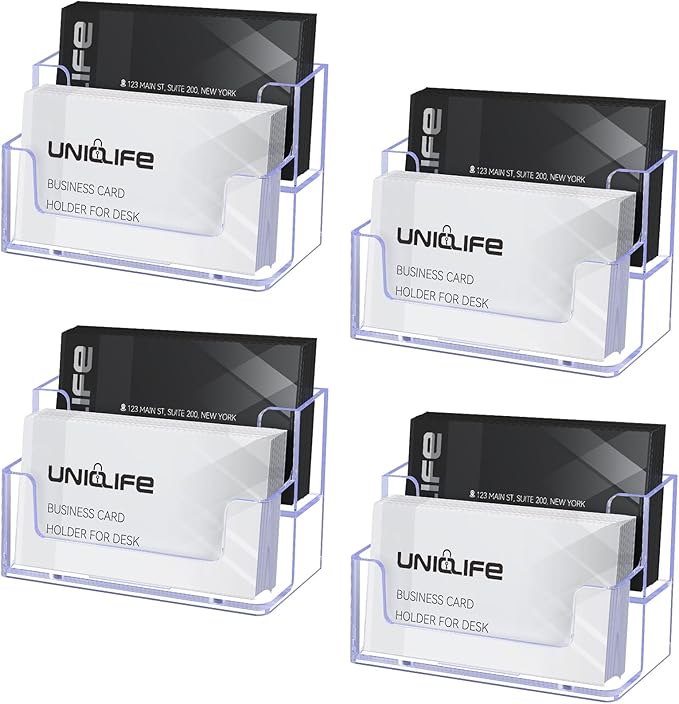 Uniclife 4 Pack Acrylic Business Card Holder for Desk 2 Slots Clear Business Card Display Stand for Men & Women Desktop Business Card Organizer Card Stand for Office Home Exhibition, 120 Card Capacity