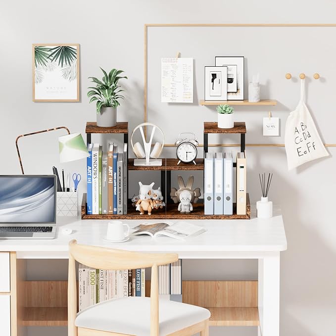 Gannyfer Desk Shelf Organizer - Wood Desktop Shelf, Freestanding Desk Hutch Office Decor, 3 Tier Storage Display Rack, Small Bookshelf with Metal Frame for Books/Plants/Toys (Rustic Brown Black)