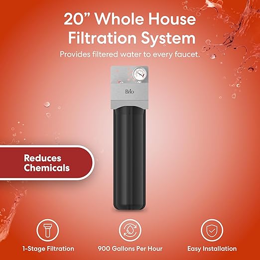 Brio Whole House Water Filter System w/Gauge & Fast-Flow CTO Carbon Block Filter 4.5" x 20" | Removes Dirt, Improves Taste & Protects Home Appliances | 900 GPH | 100,000 Gallons or 12 Months