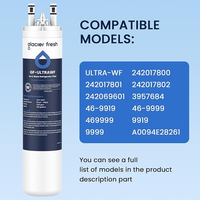 GLACIER FRESH ULTRAWF Frigidaire Refrigerator Water Filter, 3 Pack | Compatible with Pure Source Ultra, Kenmore 9999, 469999, 46-9999, A0094E28261, NSF 42 Certified