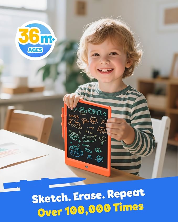 TEKFUN Toys for Girls Boys 10IN LCD Writing Tablet, Magic Doodle Board with Anti-Lost Stylus, Mess Free Coloring for Toddlers Drawing Pad, Toddler Travel Car Plane Trip Toys Gifts (Orange)