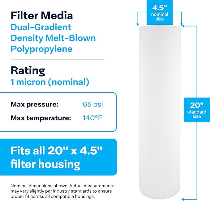 SpiroPure SP-DD-2501-20BB 20x4.5 BB 1 Micron Spun Melt-Blown Polypropylene Water Filter Cartridge SDC-45-2001 DGD-2501-20 155360-43 (Case of 6)