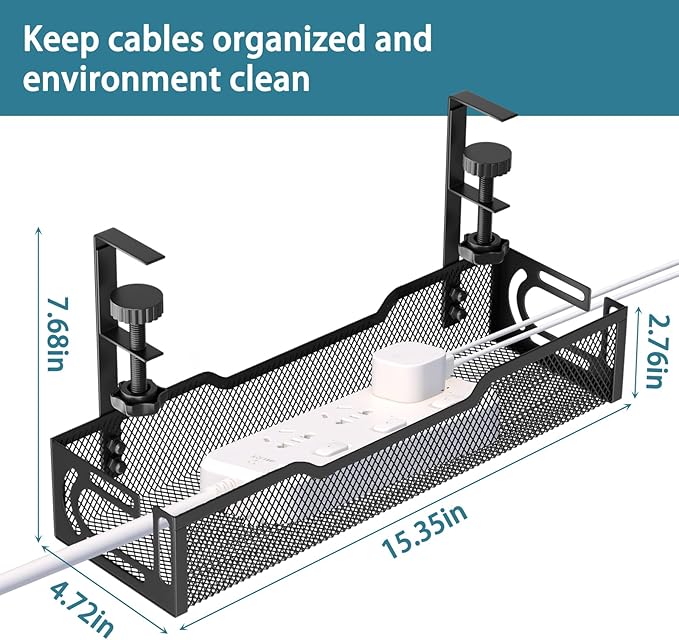 Under Desk Cable Management Tray, No Drill Mesh Desk Cable Tray, Wire Management Tray Cable Management Rack, Wire Organizer and Cable Management Box (Black)