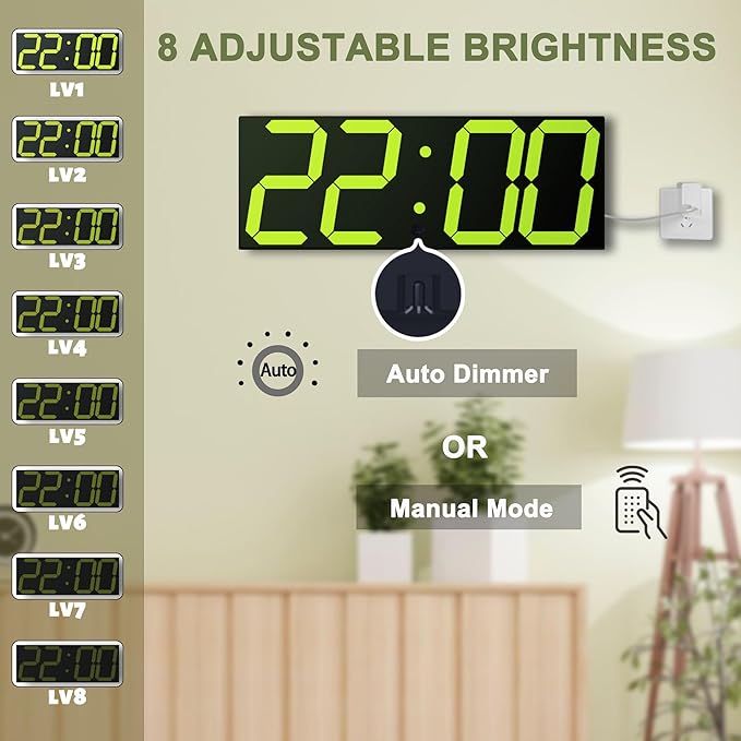 LED Large Digital Wall Clock, Oversize Digital Clock with 6” Numbers, Remote Control Count up/Countdown Timer Clock, Auto Dimmer, Big Calendar and Thermometer（Yellow