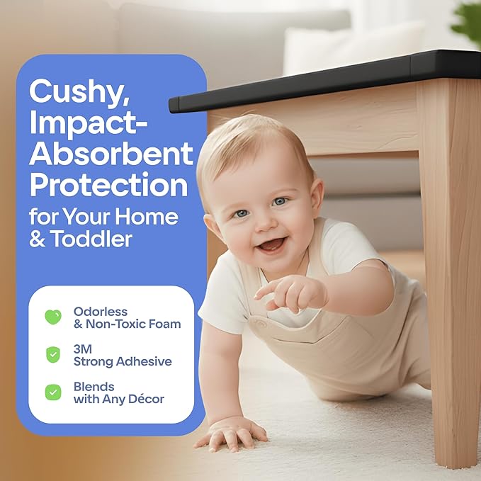 Baby Proof Corners and Edges with Furniture Corner & Edge Safety Bumpers, Impact-Absorbent 18ft Bumper & 8 Foam Corner Protectors, Cushy, Thick, Odorless Table Edge Protectors for Baby, Child | Black