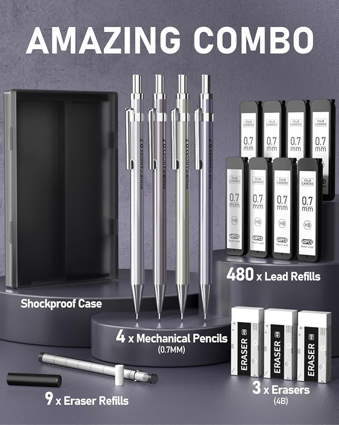 4PCS Metal Mechanical Pencil Set, 0.7mm Medium Point Pack with Storage Case | 480 Leads, 3 Erasers+9 Refills, For School Writing, Sketching, Art Drawing & Professional Drafting