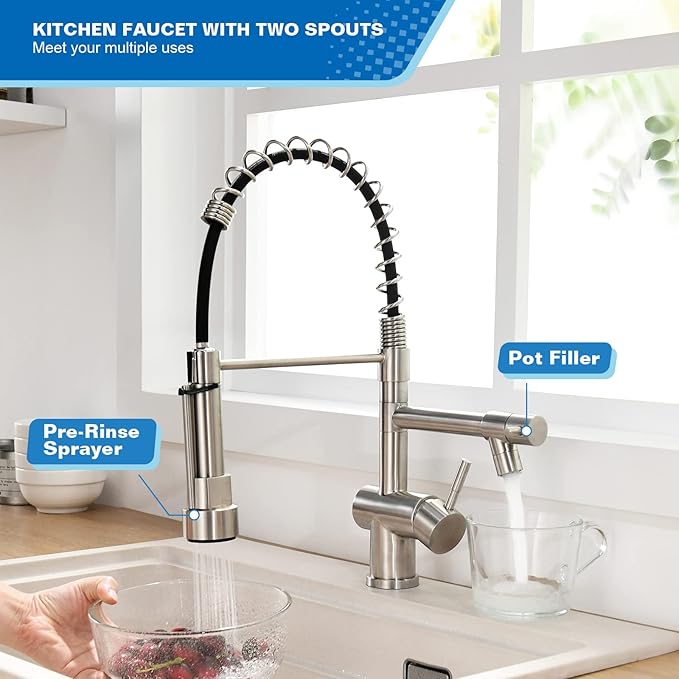 Commercial Kitchen Faucet, VFAUOSIT Kitchen Faucet with Pull Down Sprayer, Single Handle Kitchen Sink Faucet with Pot Filler, Brushed Nickel Stainless Steel Spring Sink Faucet
