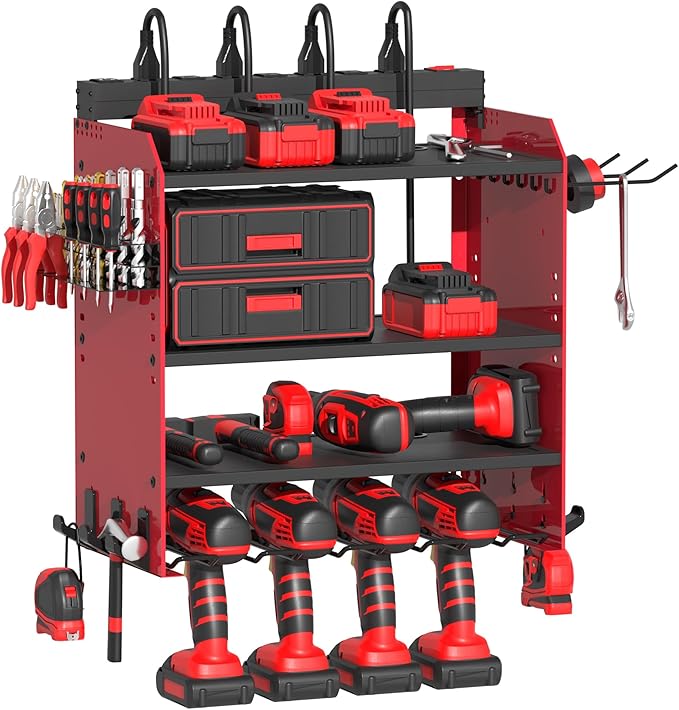 Power Tool Organizer Wall Mount with Charging Station, Garage 4 Drill Storage Shelf with Cordless Tool Holder, Heavy Duty Rack with 8 Outlet Power Strips and Hooks, Gift for Men, Husband (4 Layer)