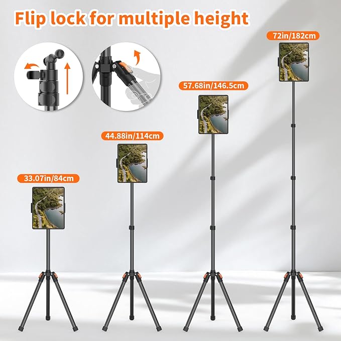 XXZU 72in Tablet Floor Stand Tripod,Tablet Stand Floor with 360° Ball Head,Height Adjustable Floor Stand Holder with Case,Tall Tripod for Phone/Music/Stream/Recording and All 4.7-13” Devices