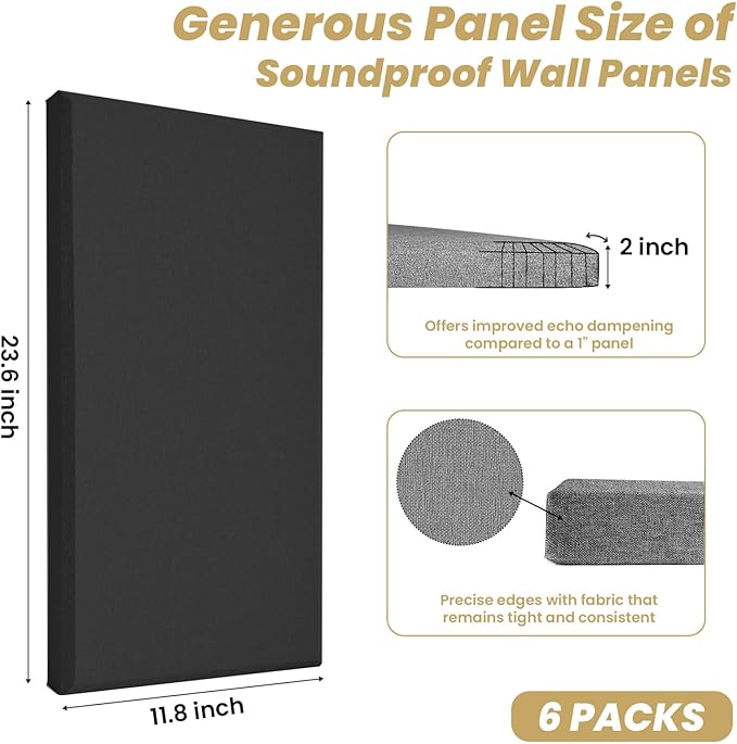 6 PCS Acoustic Panels, Large Soundproof Wall Panels, Professional Fiberglass Sound Absorbing Panels, 23.6x11.8 Inches Sound Proof Foam Panels for Walls, Studio Home Offices (Black)