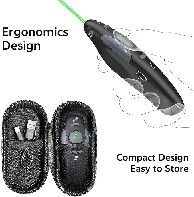 Presentation Clicker with Case Storage Wireless Presenter Remote USB Type C Rechargeable Green Laser Pointer PowerPoint Clickers for Computer Mac Project PPT Slideshow Google Slide Advancer