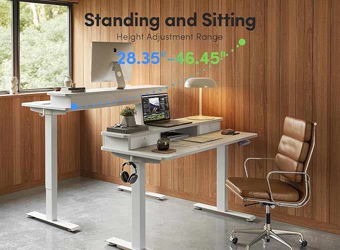 FEZIBO 63 x 28 Inch Deeper Height Adjustable Electric Standing Desk with Double Drawers, Sit Stand Up, Home Office Computer Desk with 4 Height-Adjustable Feets & 2 Hooks, White Frame/White Top