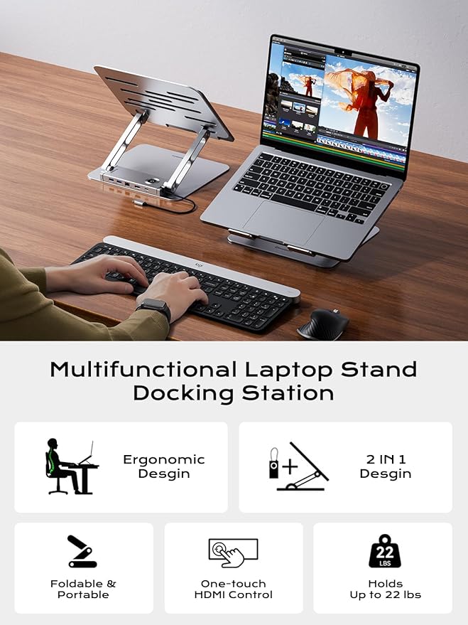 minisopuru USB C Laptop Docking Station Stand with 4K HDMI, 100W PD, Docking Station for MacBook Pro/Air/Dell/HP/Surface, Adjustable Laptop Stand for 10-17" Laptops & Tablet(4 USB A, RJ45, SD3.0)