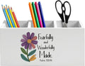 Boho Floral Inspirational Christian Pen Holder for Home Office Desk, Fearfully and Wonderfully Made Bible Verse Wooden Box Sign Pencil Holder for Desk Shelf Organizer