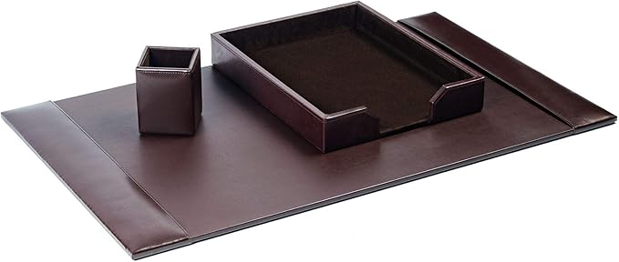 Dacasso Bonded Set Luxury Leather Desk Pad & Desk Organization Essentials, 3 Piece, Dark Brown