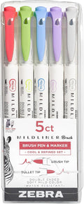 Zebra Pen MILDLINER No Bleed Brush Pen, Assorted Cool, Dual Tip, 5-Pack