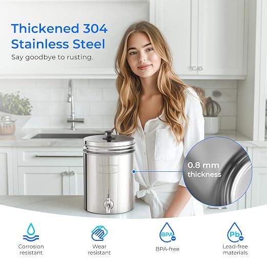 Waterdrop TK-AB Gravity Water Filter System with Silver Ions Filtration | NSF/ANSI 42&372 Standard, Reduces Chlorine, Stainless-Steel System with 2 Black Carbon Filters, 2.25G
