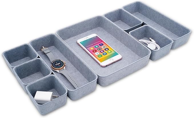 Welaxy Desk Drawer Organizer Tray, 8-Piece Felt Storage Drawer Dividers for Office & Home (Glacier gray)