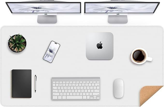 Leather Desk Protector, 47in*23.7in Large Mat with Natural Cork & PU Leather, Mouse Pad, Non-Slip Office Mat, Waterproof Writing Pad for Office and Home (Ivory White)