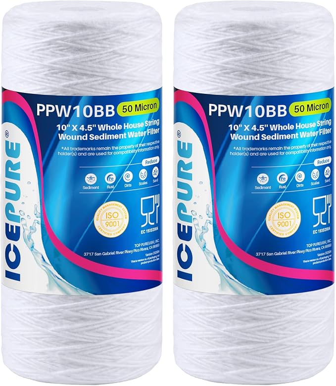 ICEPURE 50 Micron 10”*4.5'' Whole House Sediment String Wound Water Filter Replacement filter for 84637, WPX5BB97P, PC10, 355214-45, 355215-45, WP10BB97P, WP5BB97P, 2 PACK