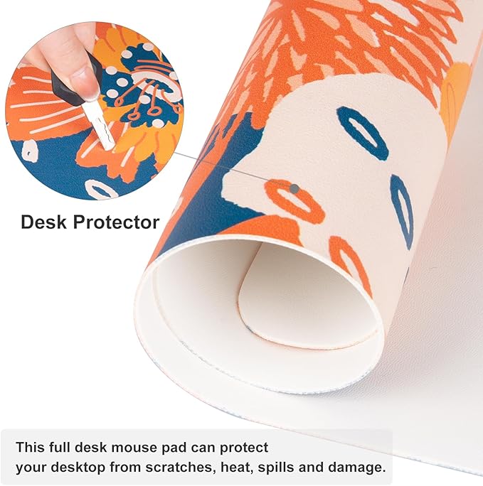 QIYI Large Desk Pad, Floral Mouse Pad Desktop Decor, Waterproof PU Leather Desk Cover Protector, Desk Accessories for Office Home Work Writing Gaming 31.5" x 15.7" - Orange Blue Flowers