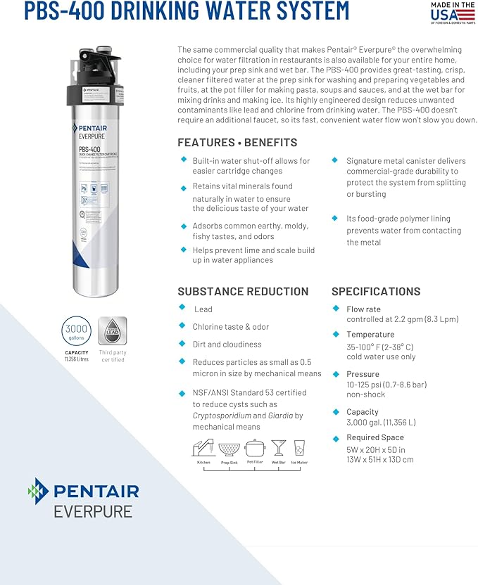 Pentair Everpure PBS-400 Quick-Change Filter Cartridge, EV927086, For Use In Everpure PBS-400 Drinking Water System, 3,000 Gallon Capacity, 0.5 Micron