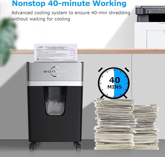 BONSEN 12-Sheet Micro Cut Paper Shredder for Home Office Use, High Security Level P-4/55 dB Ultra-Quiet / 40-Minutes Shredding Shreds Credit Card/Staples, 5.3 Gallons Pullout Bin (S3106)
