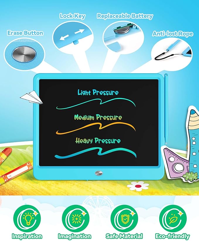 KOKODI 15 Inch LCD Writing Tablet with Anti-Lost Stylus, Erasable Doodle Board Colorful Toddler Drawing Pad, Car Travel School Games Toys for 3 4 5 6 7 8 Kids, Birthday Gift for Girls Boys Blue