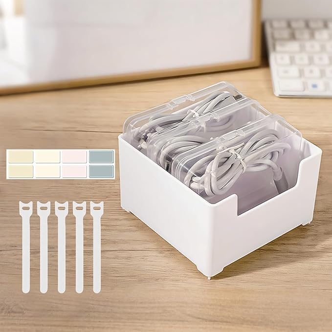 SENHORAS 3 Boxs Cable Organizer Storage Box with 5 Wire Ties,Desktop Cable Management Box with lables, Power Cord Organizer for Office,Home,Drawer Storage