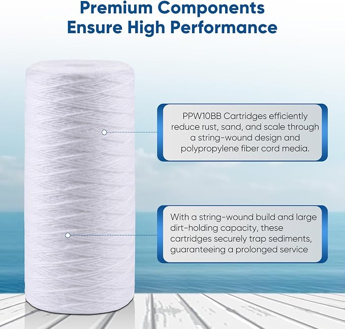 PUREPLUS 50 Micron 10 x 4.5 Whole House String Wound Sediment Filter for Well Water, Replacement Cartridge for 84637, WPX5BB97P, PC10, CW5-BBS, 355215-45, 3Pack