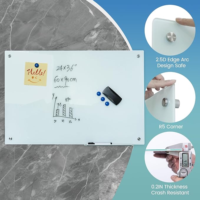 Glass Whiteboard 36"X24" Magnetic Dry Erase Board Frameless Wall Mounted White Board WritingBoard for Office School Home Accessory Tray, 3 Dry Erase Marker,4 Glass Board Magnets and 1 Magnetic Eraser