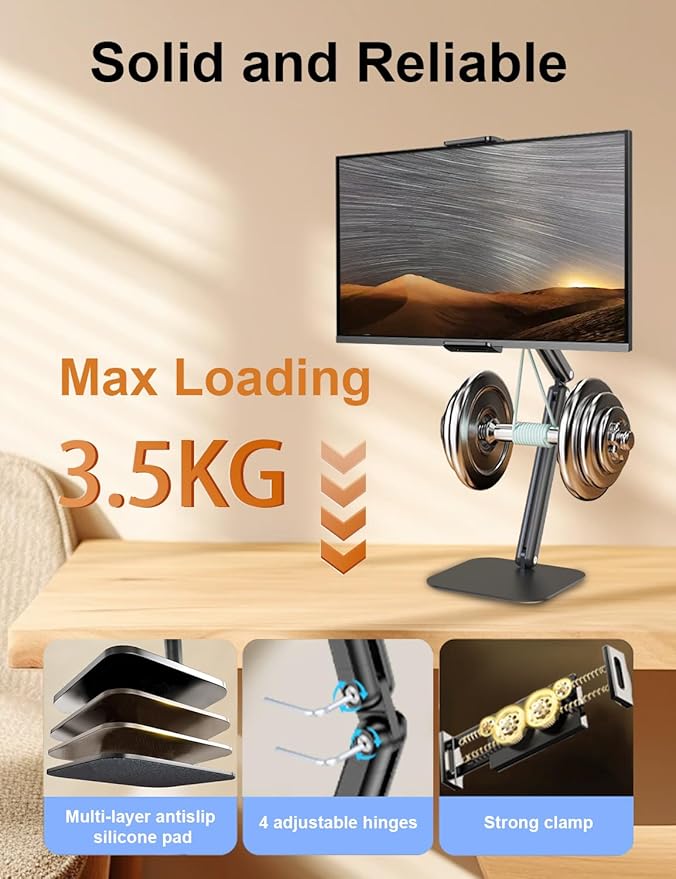 Tablet Stand for iPad, Aluminum Multi-Angle Adjustable Tablet Holder, Heavy-Duty Metal Base for Desk, Compatible with 5.1''-13'' iPad Pro, Surface, Kindle, Tablets, Portable Monitors and More