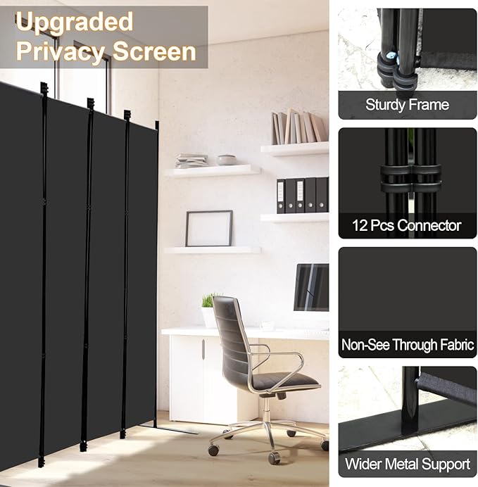 MAYOLIAH 4 Panel Room Divider Screen 6Ft Tall Foldable Privacy Dividers Indoor Wall Partition Room Separator Black