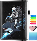 A5 Leather Lined Journal Notebook, 200 Pages Hardcover Executive Notebook for Men Women Office School Note Taking, Thick Writing Paper Daily Journal with Bookmarks/Indexes, Astronaut Rides a Shark