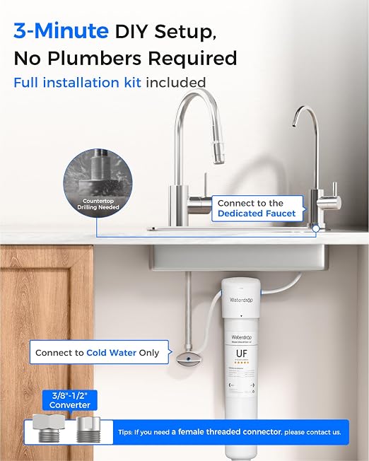 Waterdrop 15UBW-UF 0.01 μm Ultra Filtration Under Sink Water Filter System | Reduces Lead, Chlorine, Bad Taste & Odor, with Dedicated Brushed Nickel Faucet, 2 Years