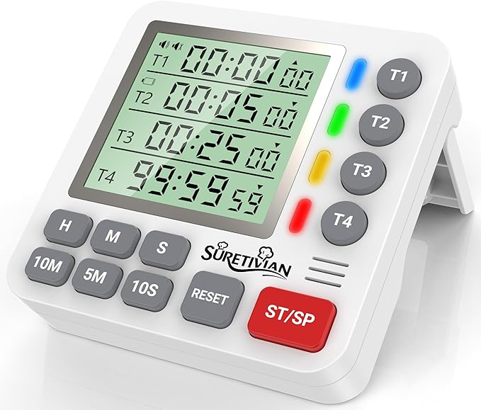 Digital Kitchen Timer for Cooking - 4 Channel Count Up Countdown Timer with Loud Alarm and Silent Mode, Large Display, Magnetic Back, Auto Memory for Classroom Study Gym, Battery Included (White&Grey)