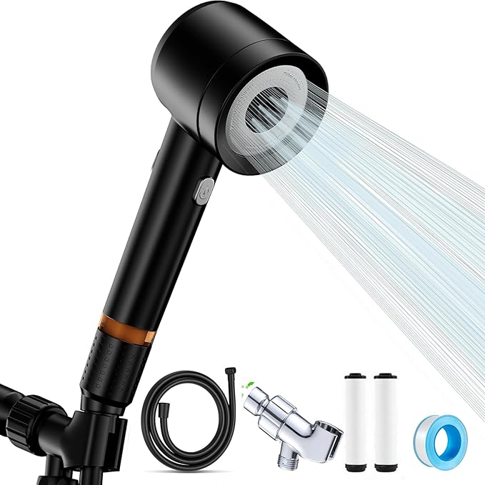High Pressure Shower Head with Handheld,Shower Head with Filter with Pause Switch Water Saving Filter Showerhead, Filtered Shower with Hose, Bracket and Cotton Filter, Make Bathing Healthier (black)