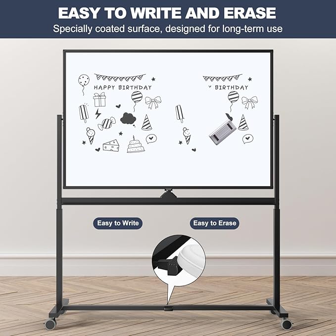 Rolling Whiteboard, 48 x 32 Inches Magnetic White Board with Stand, Double-Sided Large Standing Dry Erase Board on Wheels, Height-Adjustable Mobile Dry Erase Board for Office, Home, Classroom