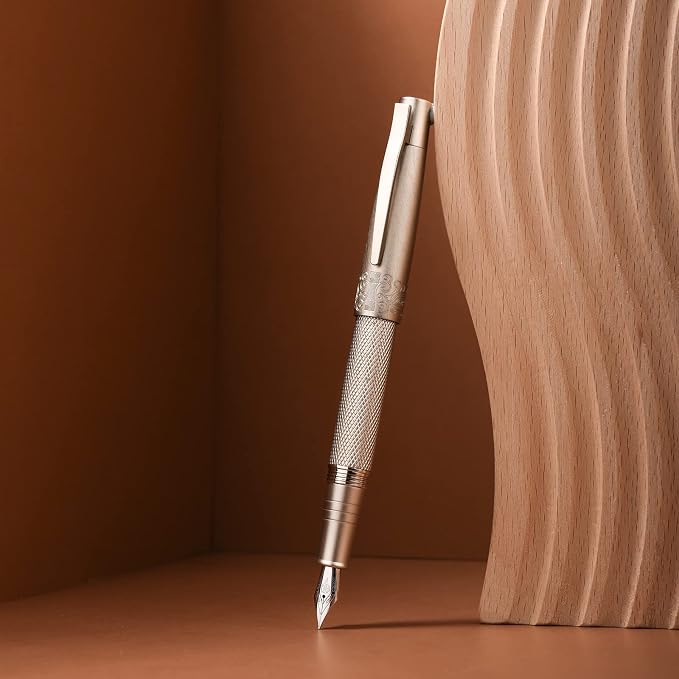 Hongdian 6013 Silver General Fountain Pen, Iridium Gold-silver Fine Nib Solid Metal Writing Pen with Metal Case