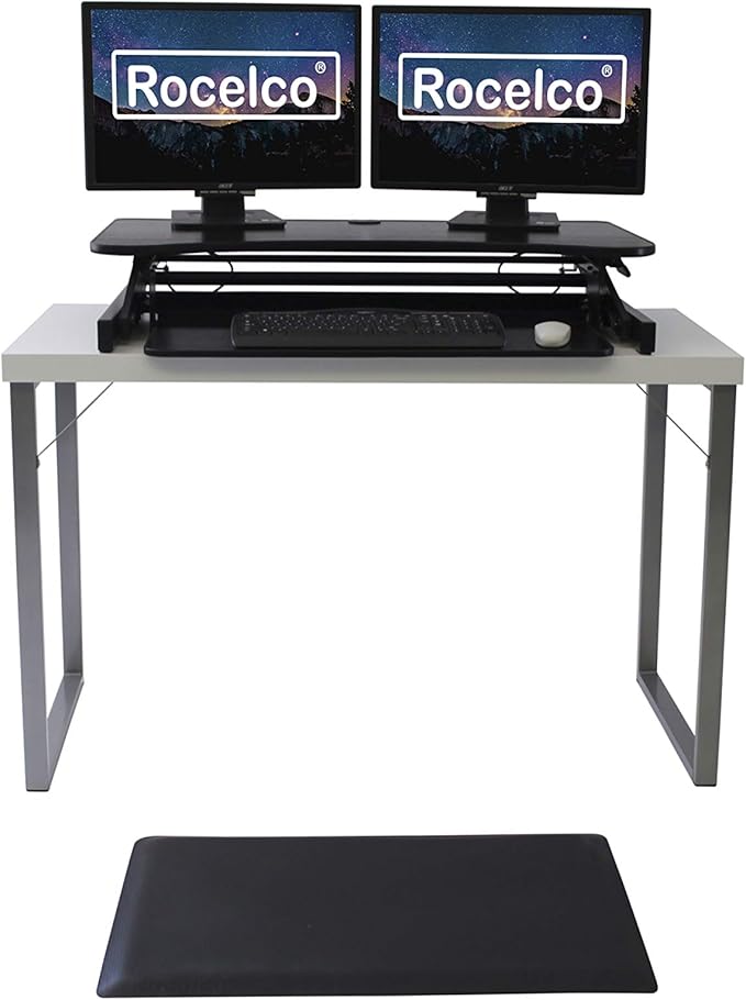 Rocelco 37.5" Deluxe Height Adjustable Standing Desk Converter with Anti Fatigue Mat BUNDLE - Quick Sit Stand Up Computer Workstation Riser - Large Retractable Keyboard Tray - Black (R DADRB-MAFM)