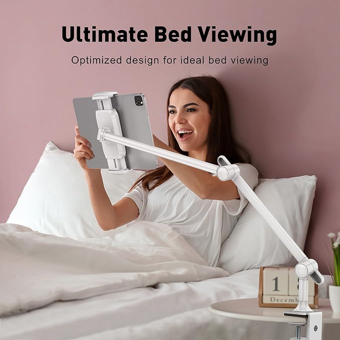 AboveTEK Tablet Stand Holder for Desk & Bed, Aluminum iPad Holder Arm with 360° Rotating Clamp, Adjustable Phone Stand Compatible with 4.7"-13.5" iPad Pro/Air/Mini, iPhone, Galaxy Tab- White