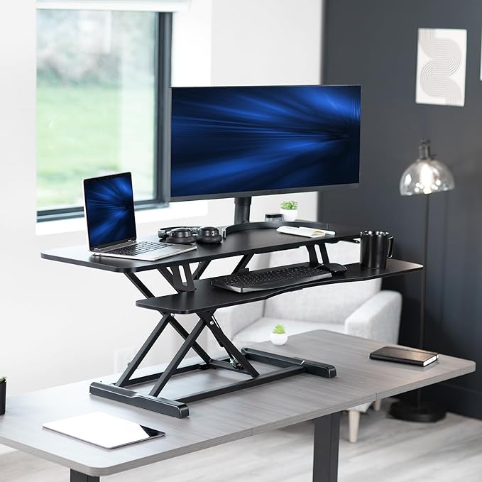 VIVO 48 inch Desk Converter, K Series, Height Adjustable Sit to Stand Riser, Dual Monitor and Laptop Workstation with Wide Keyboard Tray, Black, DESK-V048KB