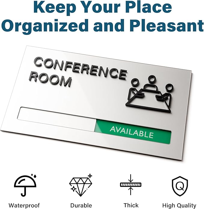 Conference Room Door Signs for Office, Meeting In Progress Door Sign, In Use Available Slider Indicator Tells Whether Room Vacant Or Occupied