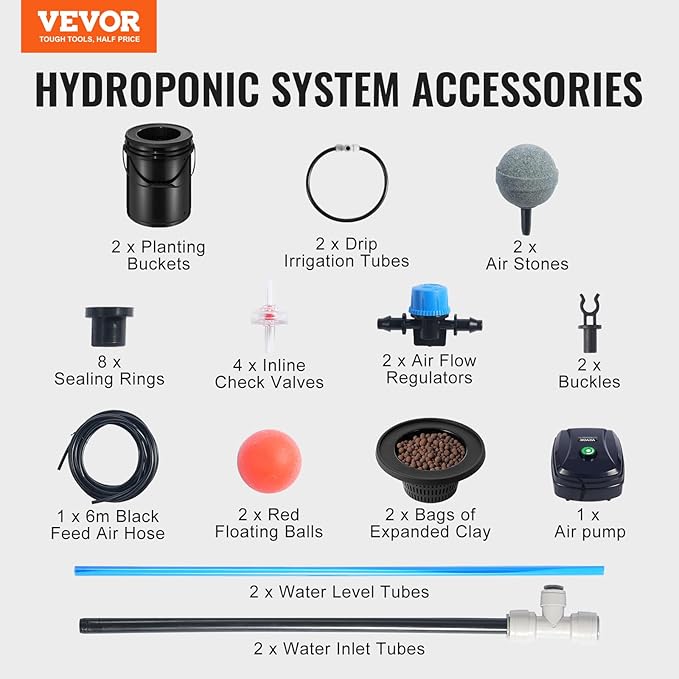 VEVOR DWC Hydroponics Grow System, Hydroponic Growing System with Top Drip Kit, Deep Water Culture 5-Gallon 2 Buckets, with Air Pump, Air Stones and Water Level Device for Leafy Vegetables