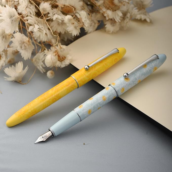 HONG DIAN C3 Fountain Pen, Iridium Fine Soft Nib Chinese Knot Carving, Light Blue & Little Daisy Painting Design with Metal Box Set