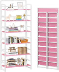 4NM No Assembly 6 Tiers Folding Bookshelf Storage Shelves Vintage Bookcase Standing Racks Study Organizer Home Office (Pink White)