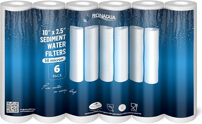 Ronaqua 50 Micron Sediment Water Filter Cartridge 10"x2.5", NSF Certified, 4-Layer Filtration for any 10-inch RO Units & Whole House Systems, Compatible with Culligan P5, AP110, WHKF-GD05, 6 Pack